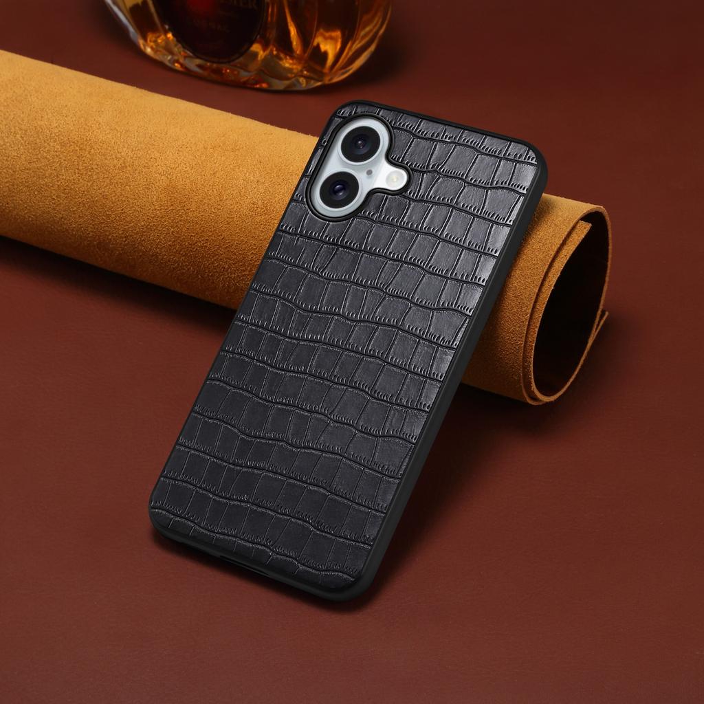 For iPhone 16 Case Crocodile Texture Leather Coated PC+TPU Phone Cover