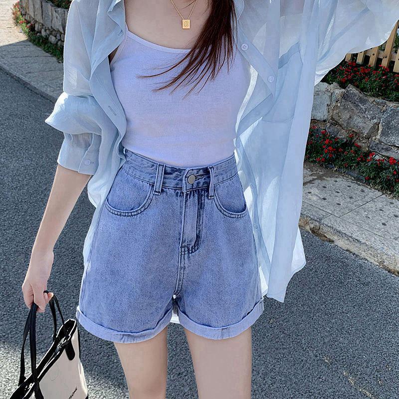 Women's High Waist Denim Shorts - Loose A-Line, Rolled Hem, Summer 2021, Korean Style Trend