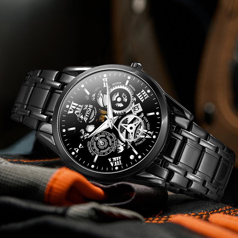 Men's Stainless Steel Waterproof Quartz Watch, Fully Automatic, Luminous, with Calendar and Steel Band