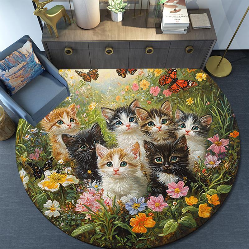 Kittens in Flowers Round Area Rug,Carpet Rug for Living Room Bedroom Sofa Playroom Decor,Non-slip Floor Mat