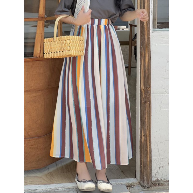 Spring and Summer New Arrival Women's Clothing Stripes Long Skirt A- Line Large Hem Long Skirt Elastic Waist Loose Slimming Stripes Stripes Skirt