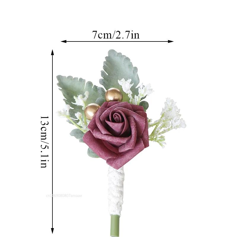 1pc Boutonnieres Flowers Artificial White Roses Silk Ivory Corsage Buttonhole Groomsmen Boutonniere for Men Wedding Supplies