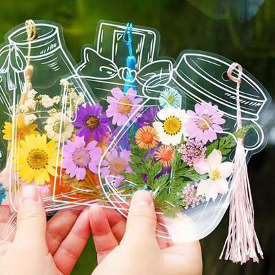 20/100 szt. DIY transparentne suszone kwiaty zakładki przezroczyste prasowane kwiaty zakładki z frędzlami samoprzylepne słoiki naklejki