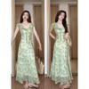 Women's summer seaside vacation wind romantic beach dress green floral v-neck small flying sleeve dress
