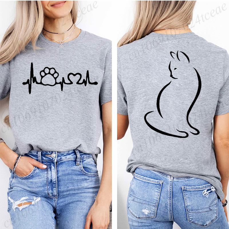 Women Y2k Grunge T-Shirts 2000s Vinage Cat Heartbeat Print T-Shirt Aesthetics Harajuku Round Neck Tops Street Fashion Streetwear