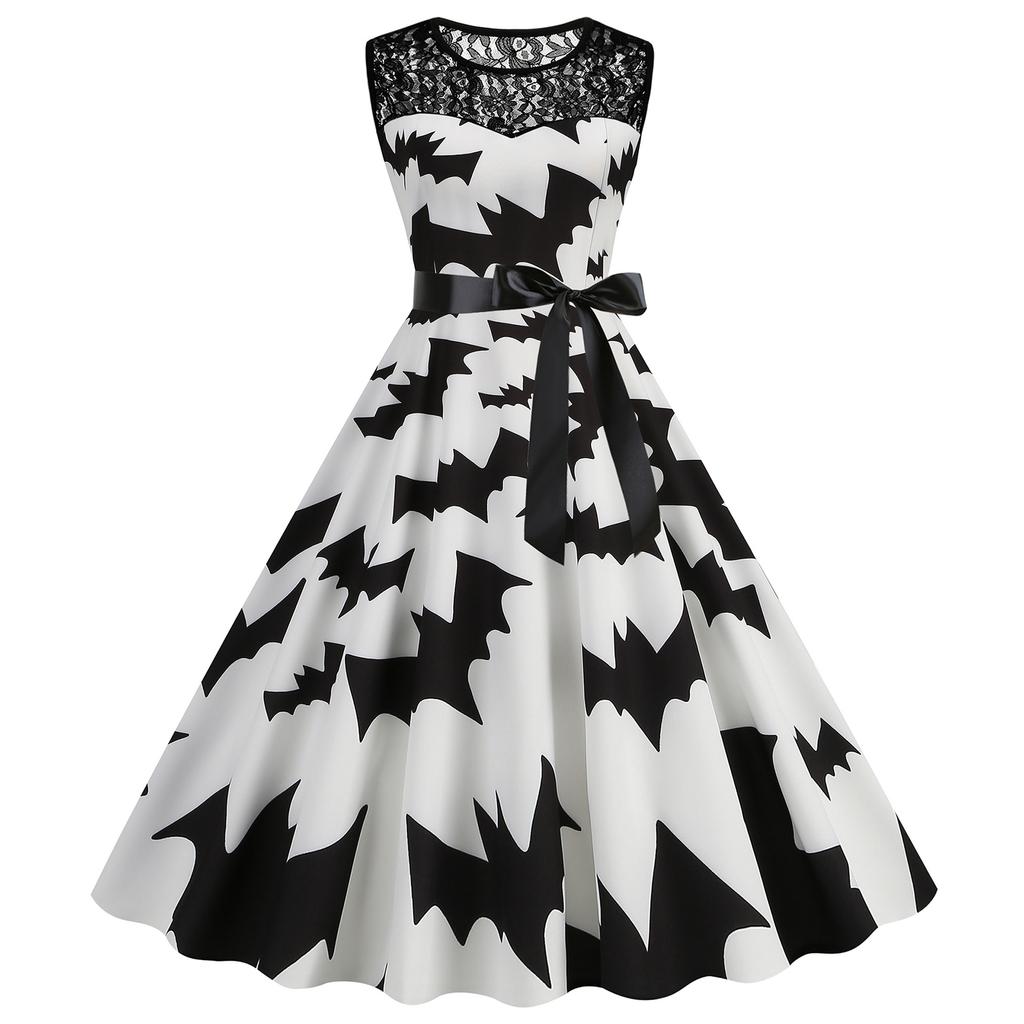 Women's Hepburn-Style Retro Lace Round Neck Sleeveless Halloween Printed Dress