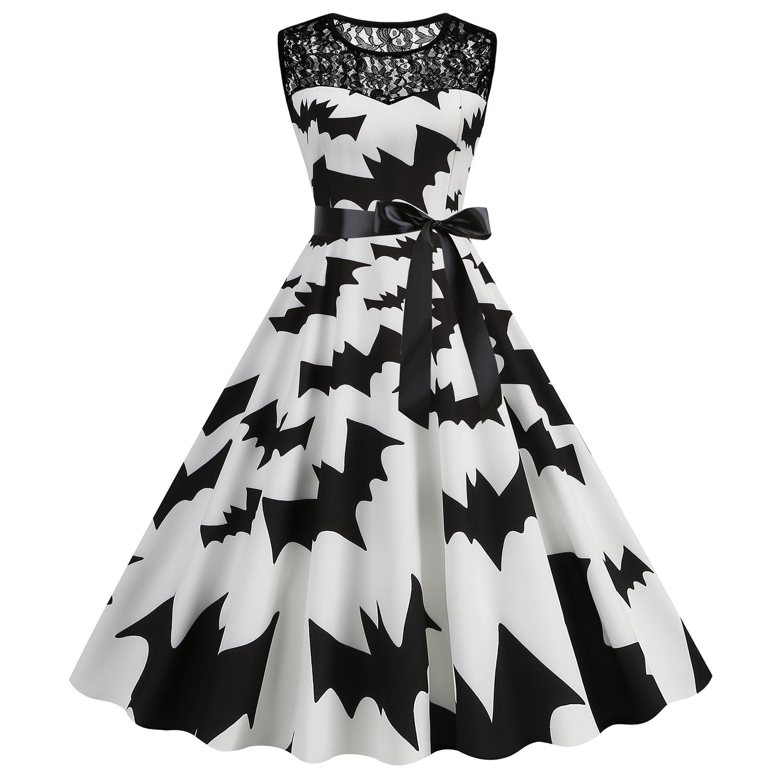 

Women s Hepburn-Style Retro Lace Round Neck Sleeveless Halloween Printed Dress S белый