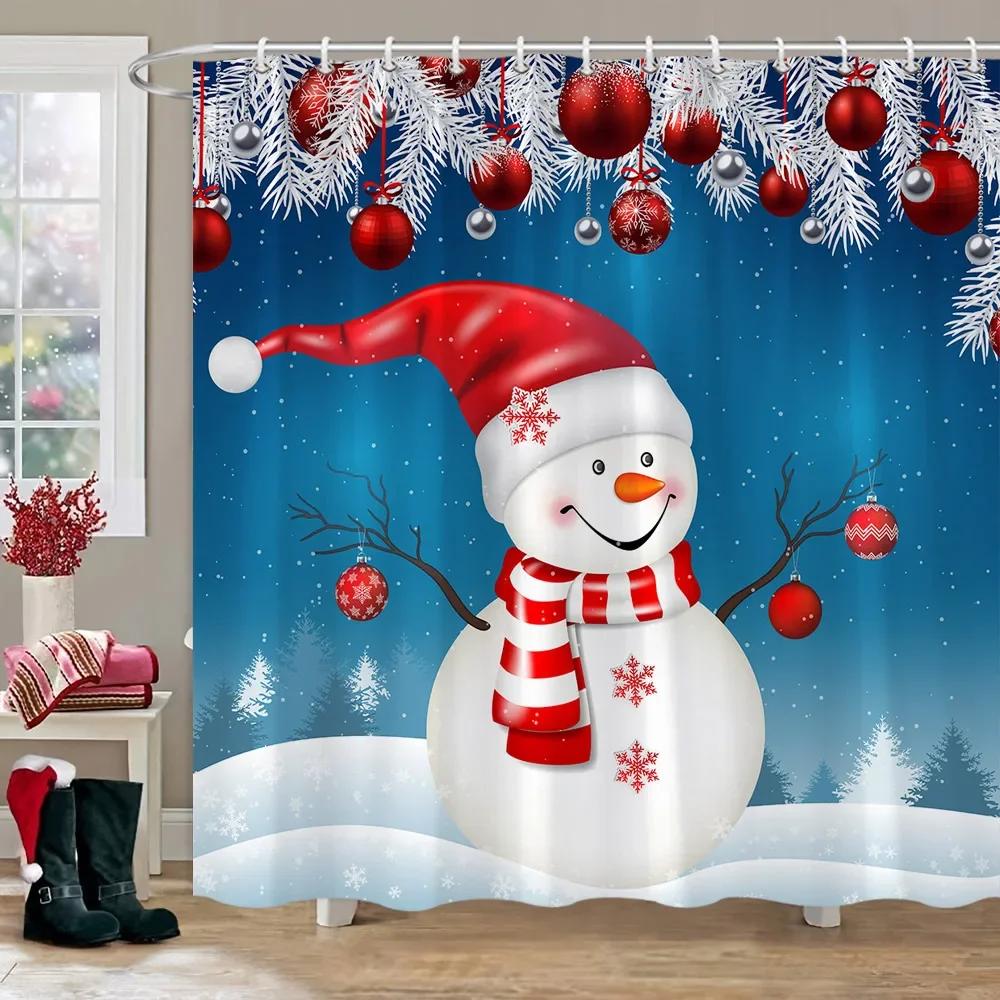 GAEChristmas Gift Theme Shower Curtains Snowman Christmas Tree Mascot Ball Happy New Year Washable Home Bath Curtain Bathroom