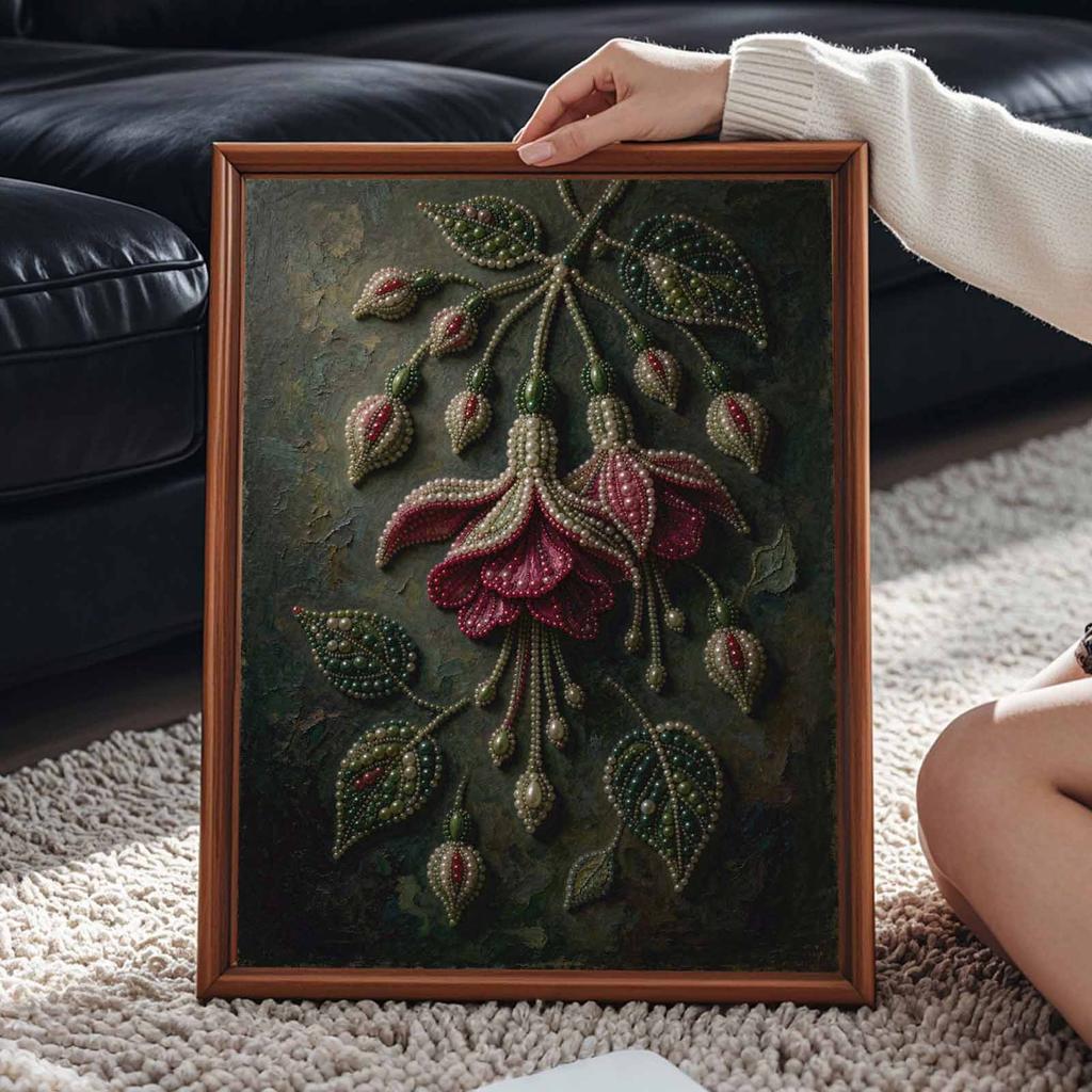 Fuchsia Flower and Leaves Pattern 5D Pearl Painting Kit with Frame DIY Sparkling Bead Canvas Art Relaxing Craft for Home Decor
