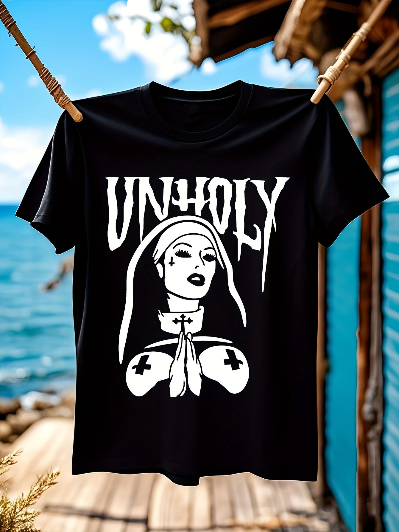 Gothic Evil Nun UNHOLY Graphic T-shirt - Black with White Print XL