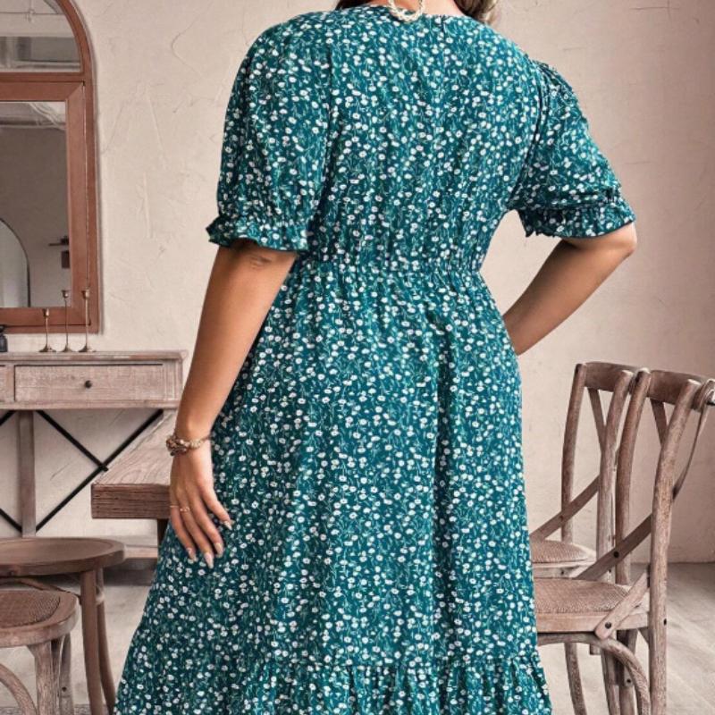 Büyük Beden 2025 Yaz Yeni Kısa Kollu Baskılı Bol Elbise Plaj Eteği O-Yaka Kadın Modası Günlük Elbiseler