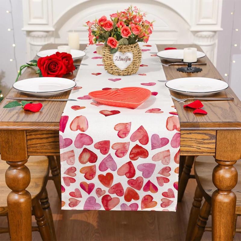 1pc Valentine's Day Love Heart Linen Table Runner Reusable Kitchen Dining Dresser Scarf Party Home Decor Table Cloth