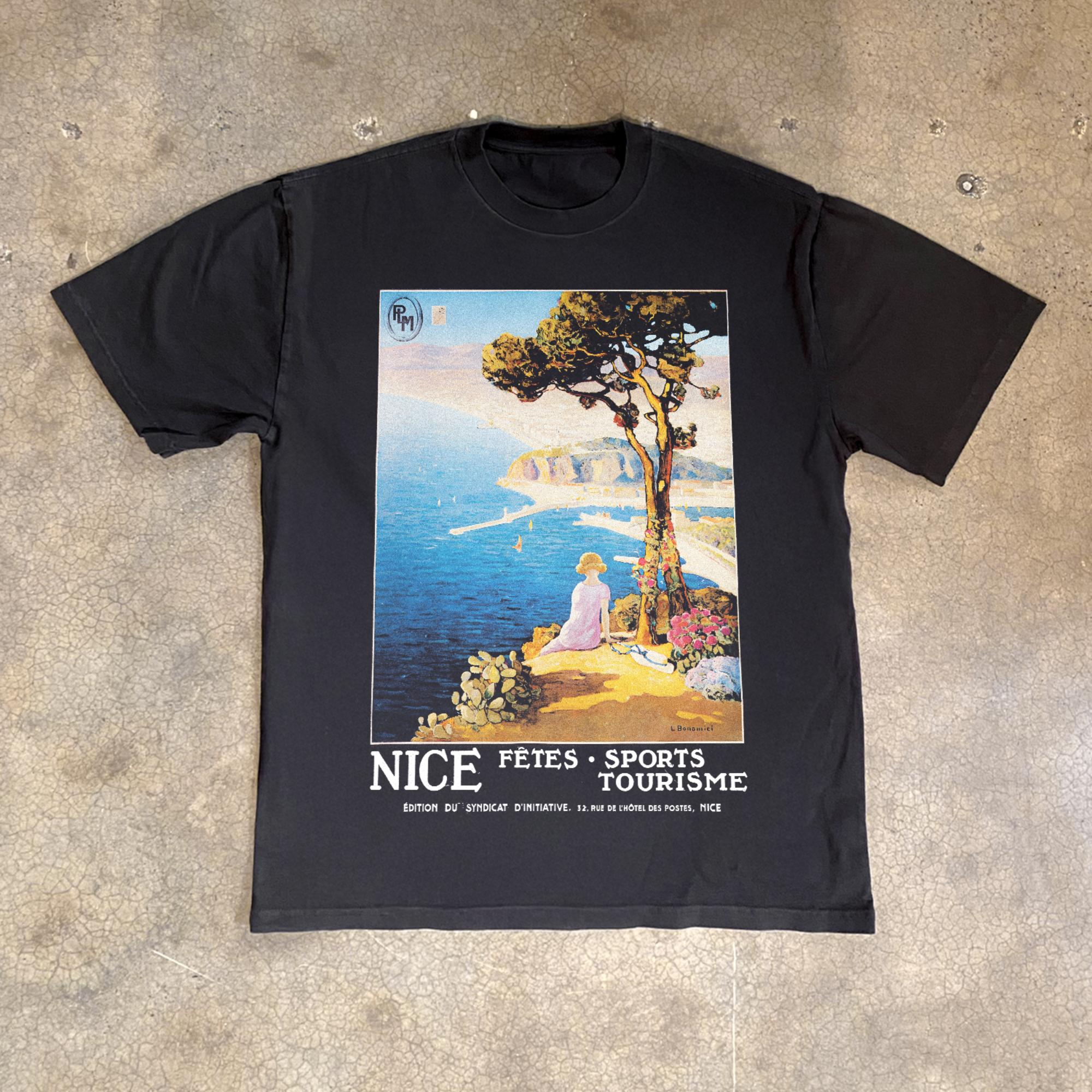 Nice France Vintage Travel Poster T-Shirt Men Women French Riviera Graphic Cotton Short Sleeve Streetwear Tee S разноцветный