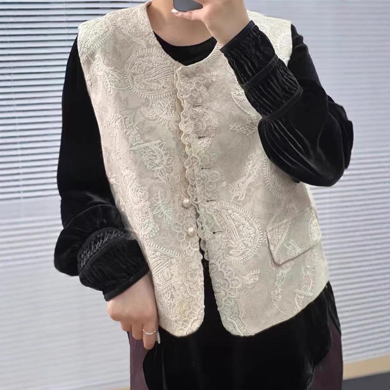 Jaro 2025 Špičková krajková vesta bez rukávů v čínském stylu