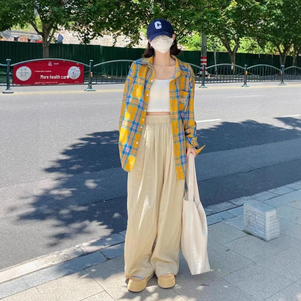 Women's 2026 Early Spring Retro Yellow Plaid Loose Shirt Jacket