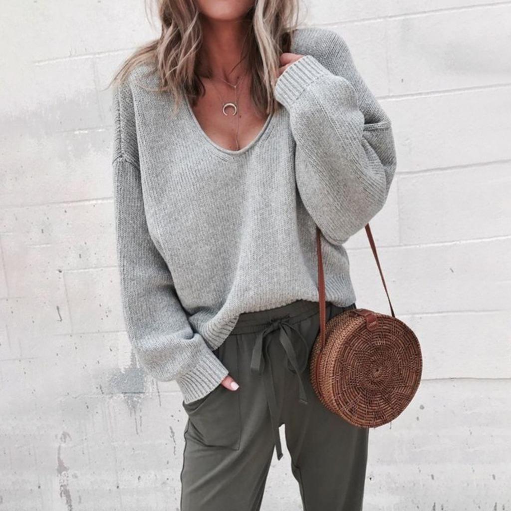 Ladies, Sweater, V-neck, Long Sleeved, Loose Fitting, Knitted Sweater, Base Coat, Top Coat