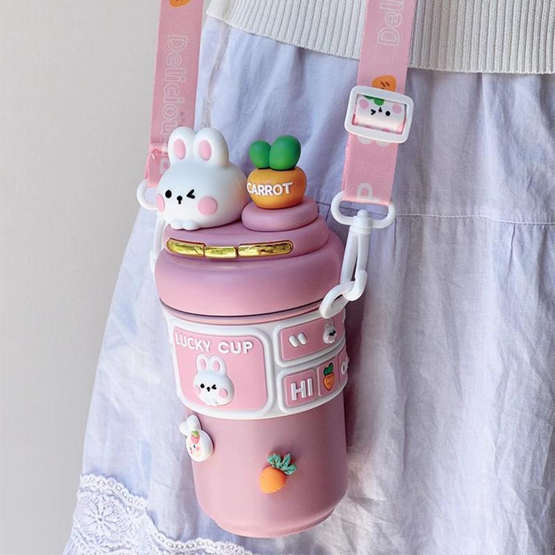 Cute Rabbit Bear Thermos Double Drinking Straw Tumbler Water Bottles For Boys and Girls Portable Children's Drinking Water Cup