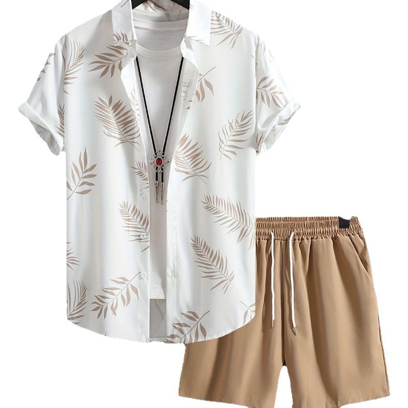 Men's Beige Tropical Leaf Print Shirt and Shorts Set Summer Vacation Wear