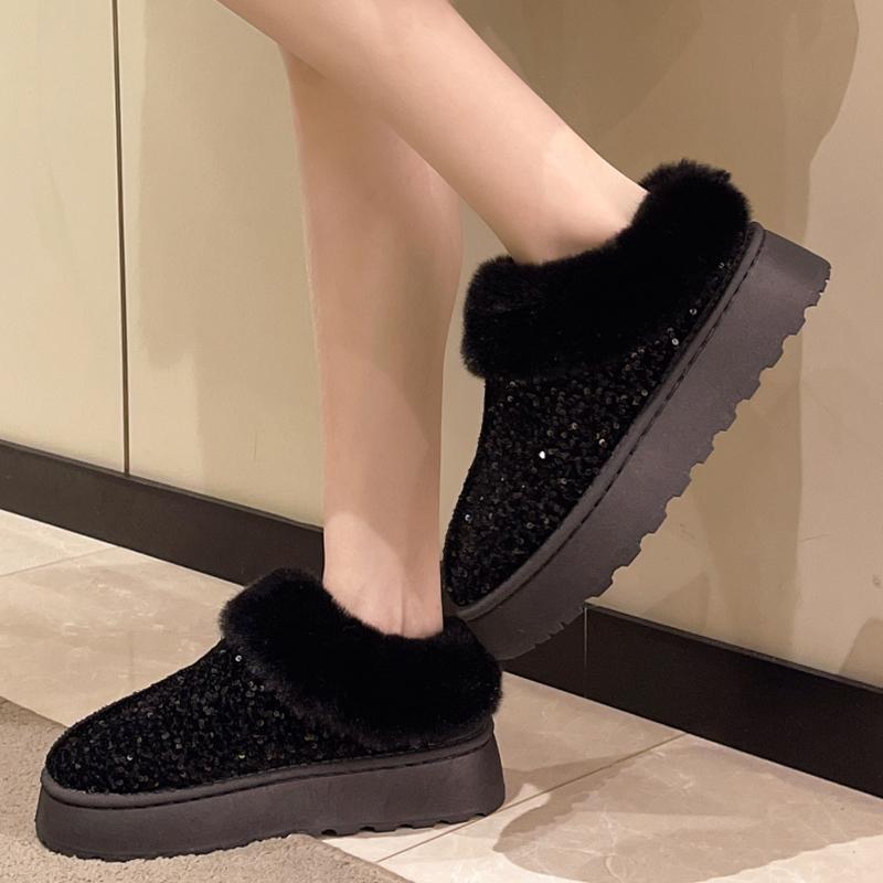 Fashion Gold Shiny Sequin Ankle Boots Women Faux Fur Comfort Thick Sole Non Slip Snow Boots Winter Plus Size Thicken Plush Cotton Boots
