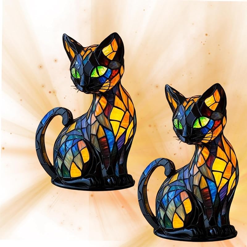 Cat Lamp, Stained Glass Cat Lamp,Cats Lam-p Stained Glass,Mosaic Cats Lamps, Retro Animals Lam p, Vintage Animal Night Light Home Decor, 2025 New
