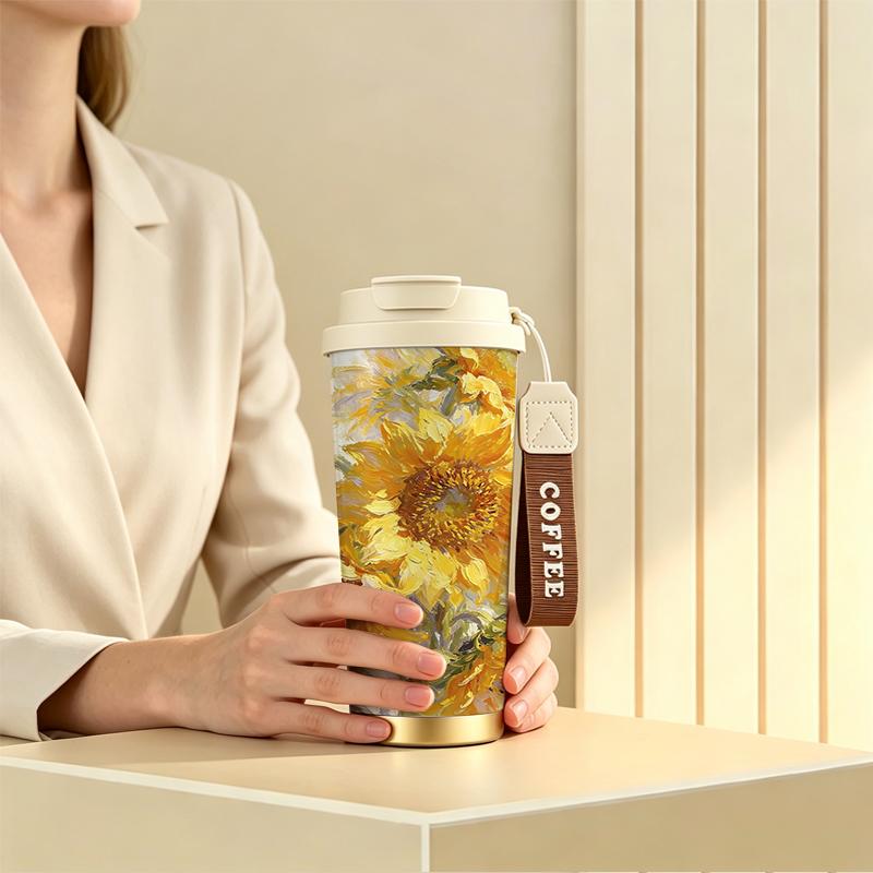 532ml Coffee Mug Oil Paint Sunflower Motif Strap Coffee Cup Stainless Steel Coffee Thermos Leakproof Flip Car Cup Flip Sip Coffee Mug 532ml Coffee Mug