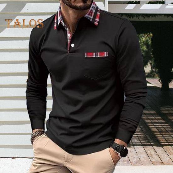 Men Spring Fall Shirt Buttoned Turn-down Collar Long Sleeves Plaid Print Chest Pocket Slim Fit Quick Dry Pullover Fitness Outdoor Training Top