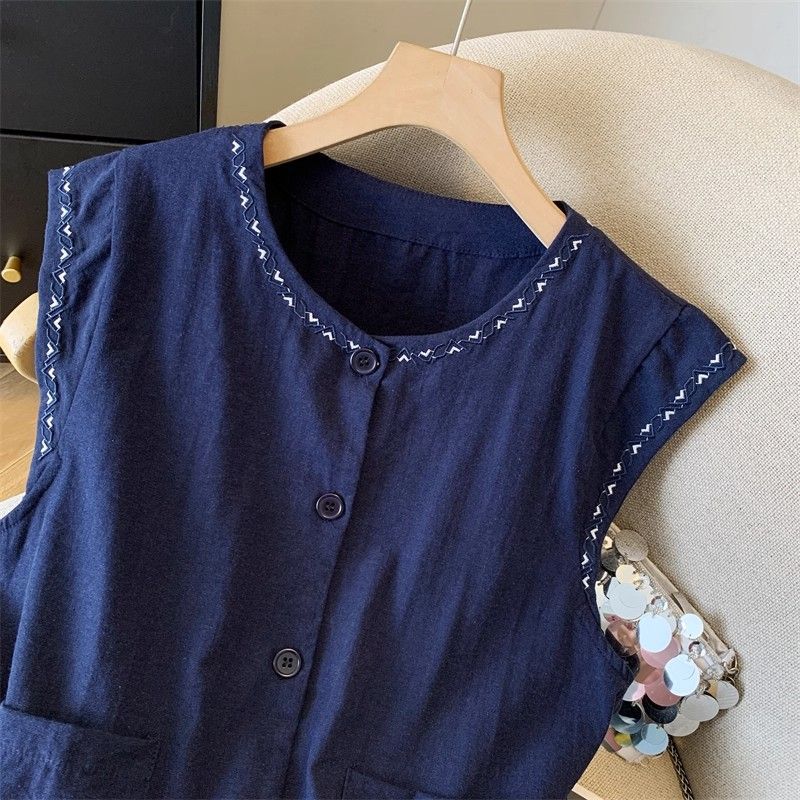 Korean Style Sleeveless Cotton Linen Vest Women Embroidered Summer Top
