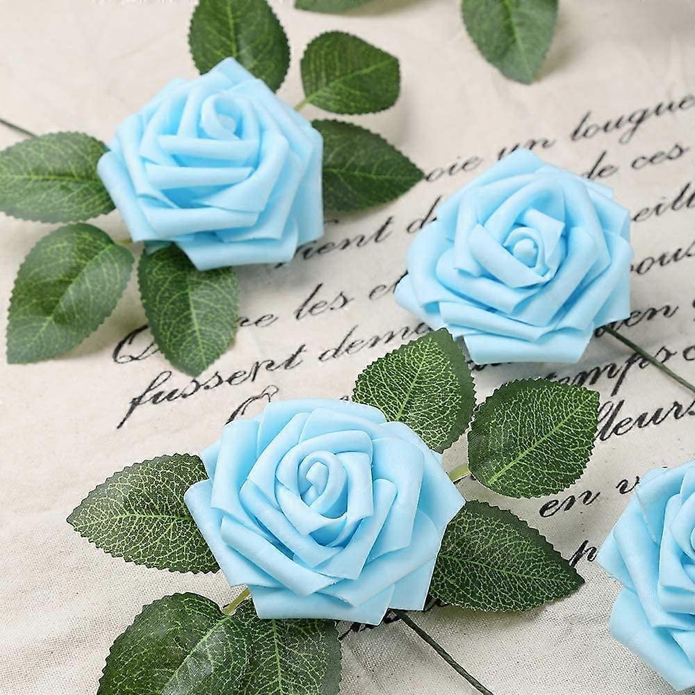 30 Stück Babyblau Künstliche Rosen mit Stielen, Schaumstoff-Fake-Blumen für DIY-Hochzeitssträuße, Babyparty, Partydekoration (Hellblau)