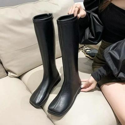 Fashion Women's High Boots Flat Leather Shoes Winter New Designer Square Toe Shoes Women's Popular Snow Boots for Comfortable Walking