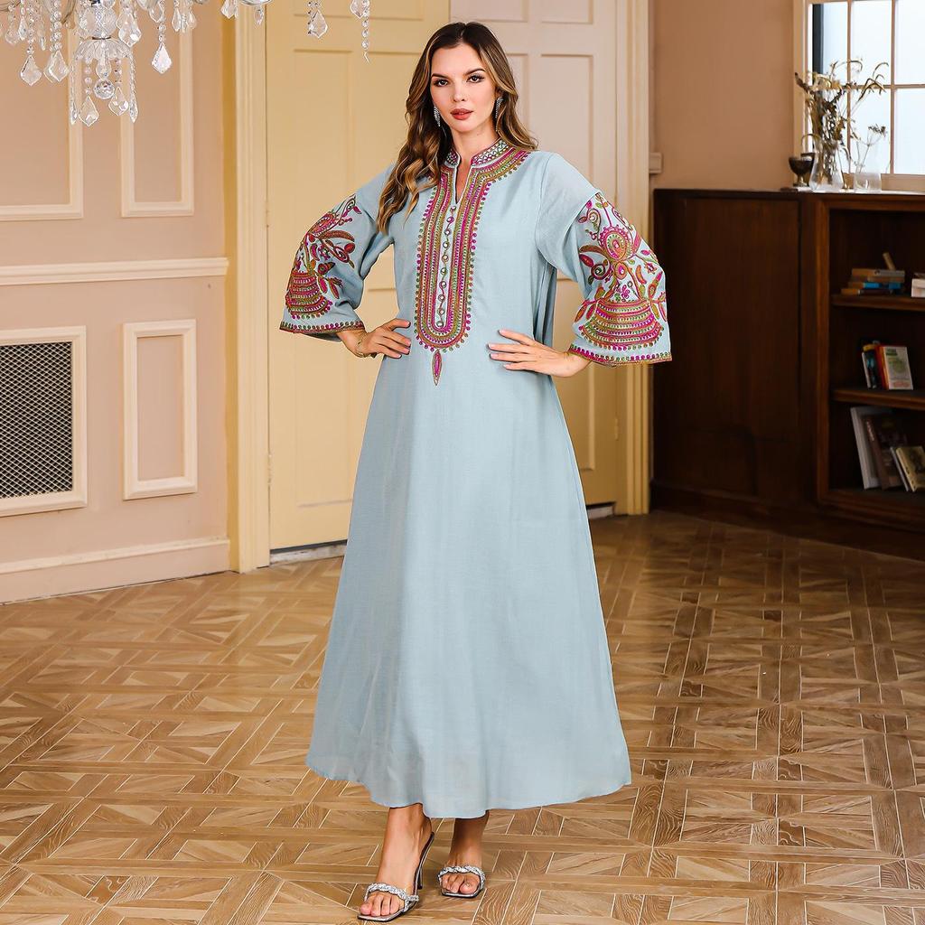 In Stock Middle Eastern Embroidered Long Robe - Women's Dubai Turkish Abaya Evening Dress