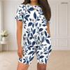 Women Plus Size Round Neck Short Sleeve Floral Printed White Two Piece Fitted Shorts Set