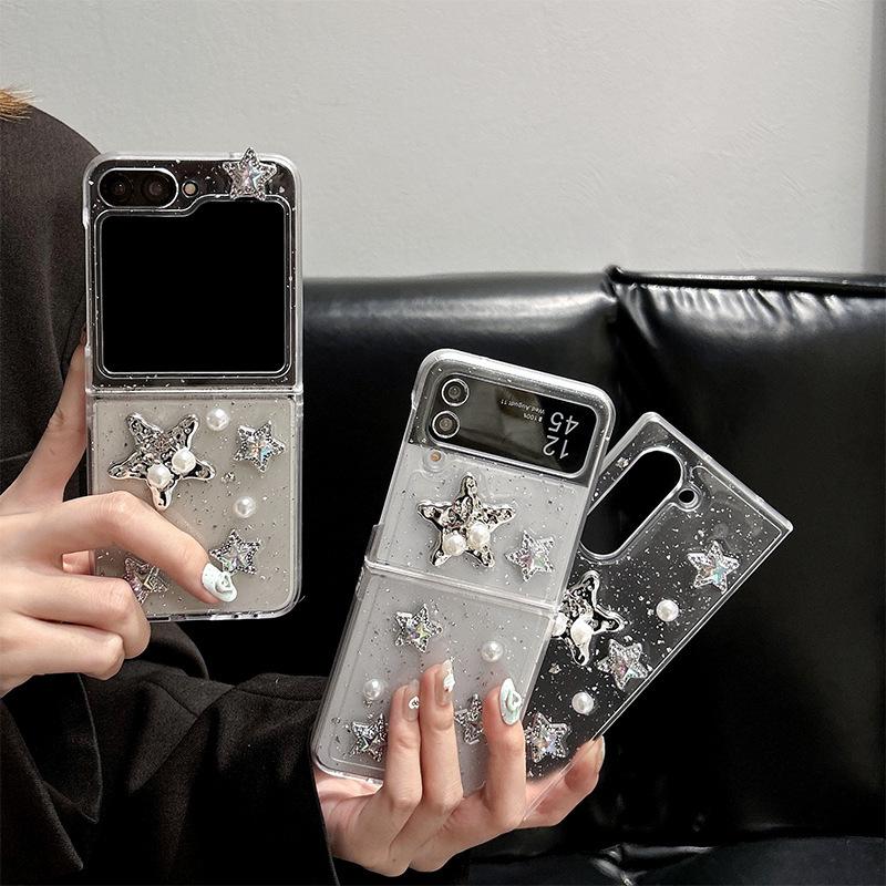For Samsung Zflip6 Clamshell Folding Screen Zfold5 Transparent Female New Hard Shell Glitter Pearl Five-pointed Star