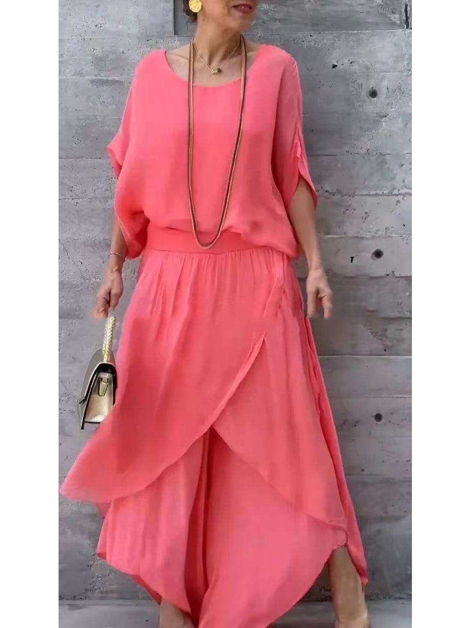 

2025 Summer Loose Chiffon Top & Split Wide-Leg Pants Casual Set - Europe/US Style L помаранчевий