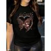 European Size Women's Valentine Glitter T-Shirt-Soft Black Top with Heart & Butterfly Print, Sparkling Casual Blouse for Valentine's Day&Casual Attire