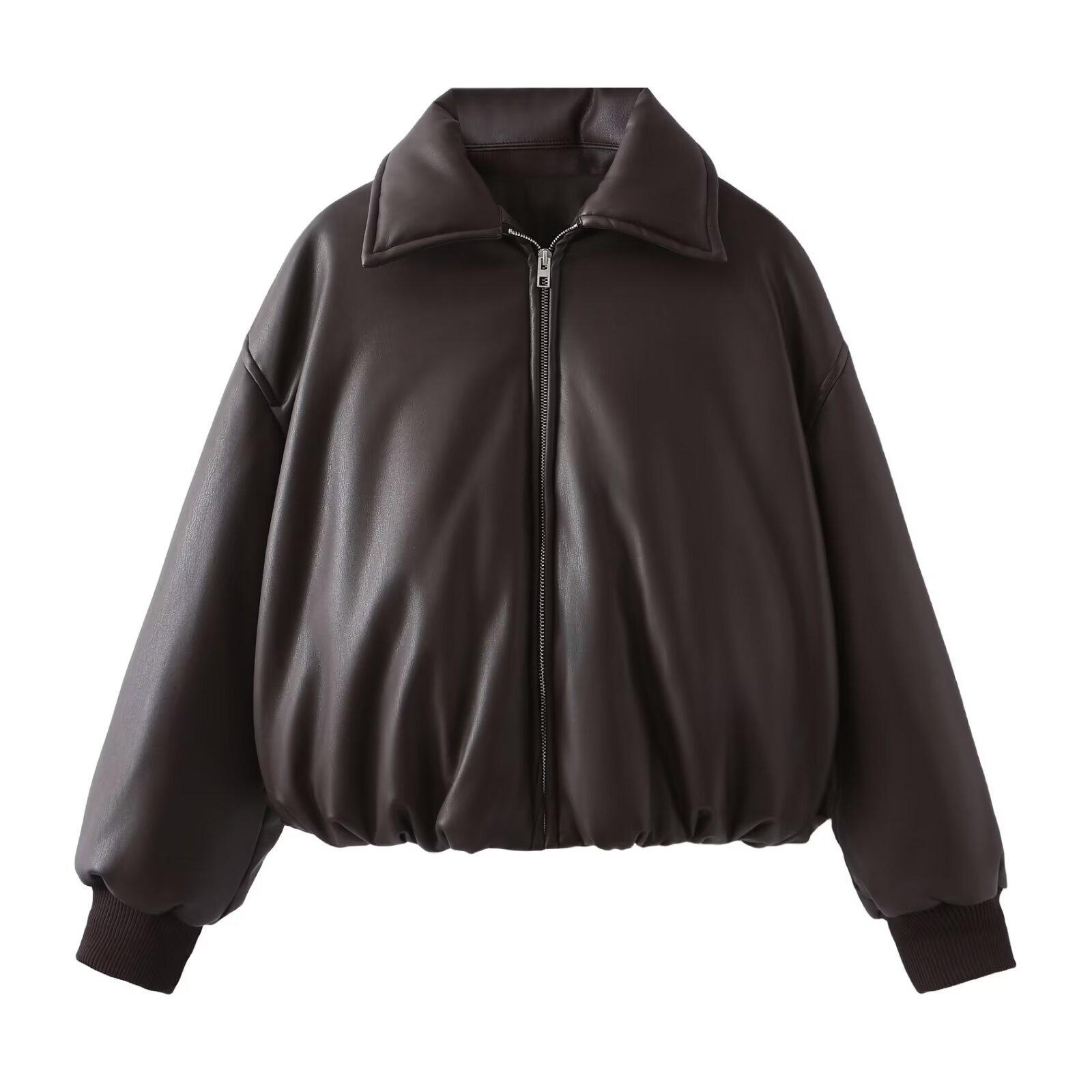 

Осенне-зимняя куртка из искусственной кожи для женщин, уличное оверсайз, парки с хлопковой подкладкой, короткое теплое пальто-бомбер M