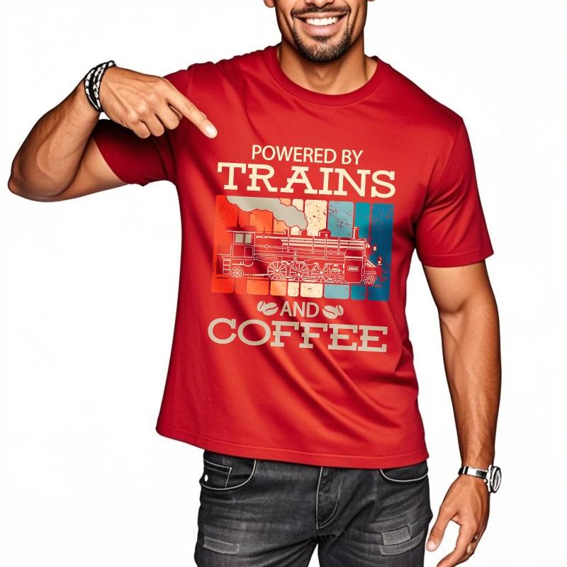 tshirt male Printed Unisex Round Neck tshirt Big size Powered By Trains And Coffee Anime For Unisex Tshirt Graphic Workout tops S
