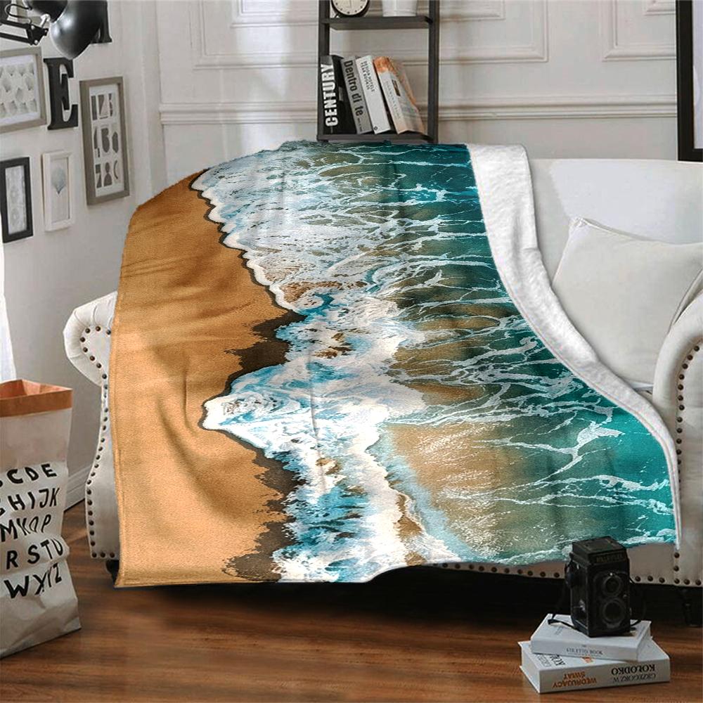 1Pc Ocean Waves Sandy Beach Blanket Soft And Comfortable Casual Warm Camping Travel Christmas Halloween Xmas Gift Em9281