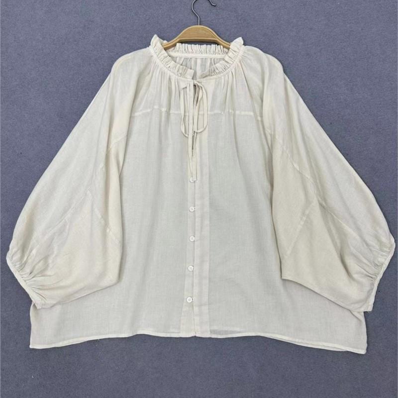 Johnature Japanische Casual Loose Bat Shirts Einfarbige Shirts Sommer Vintage Rüschen Kragen Krawatte Tops Frauen