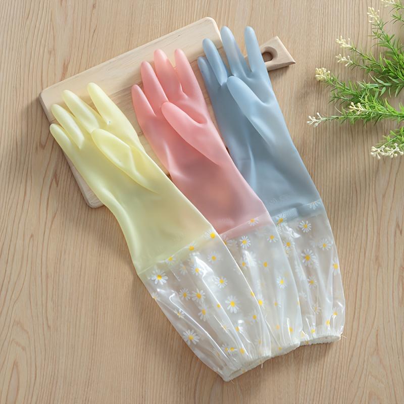 2PCS floral PVC cleaning gloves, durable and multi-purpose. Perfect for dishwashing and daily household cleaning.