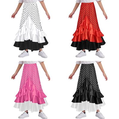 Flickor Flamenco Danskjol Polkaprickigt Tryck Volanglager Elastisk Midja Lång Kjol Spansk Föreställningsdräkt