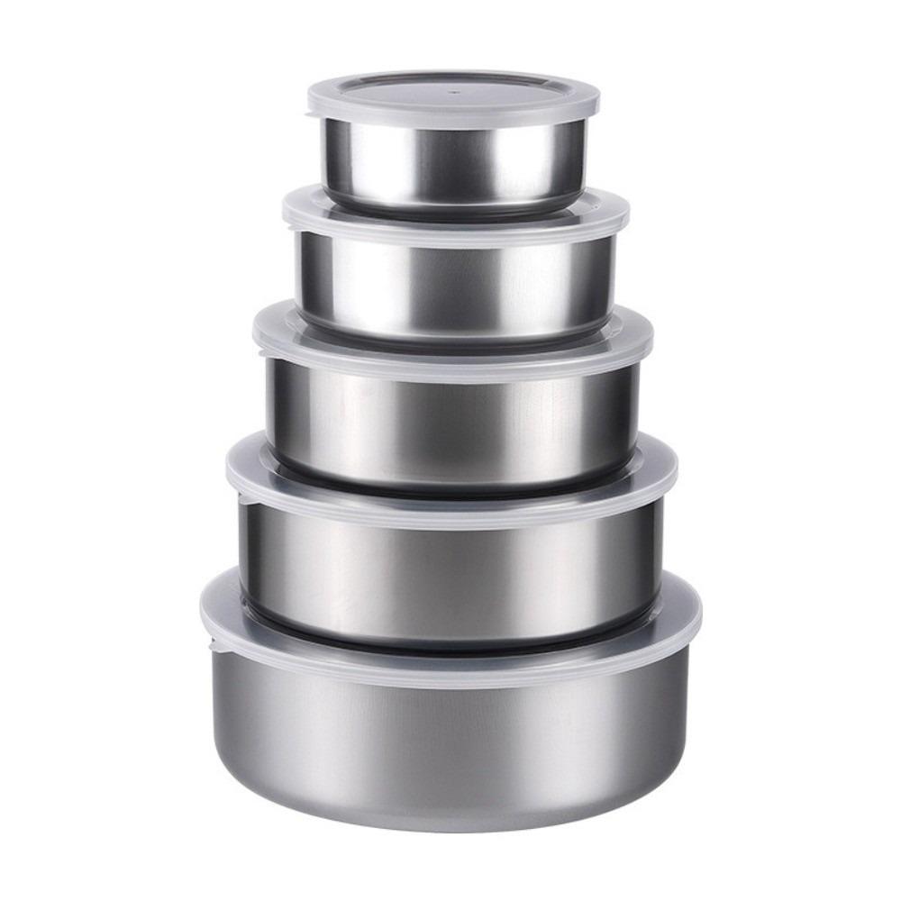 

5pcs Stainless Steel Salad Bowl Set with Lid Fresh Keeping Food Storage Container Rust Resistant Nesting Bowls Lunch Box Baking срібний