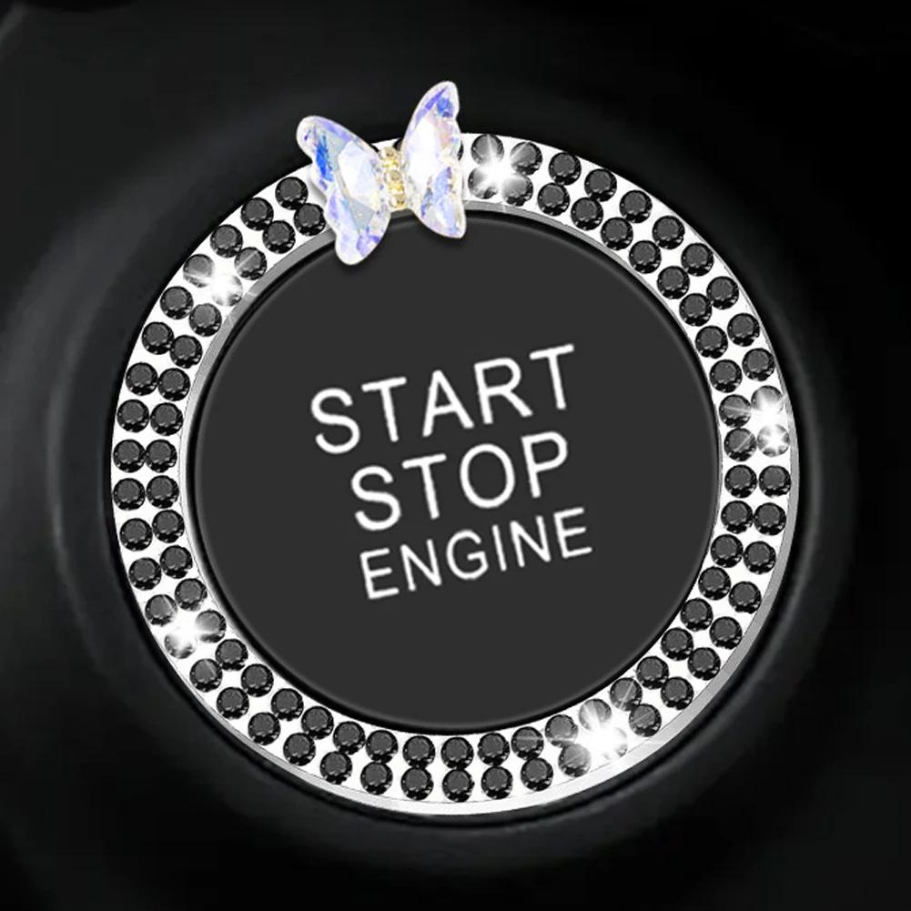 Rhinestone Crystal Butterfly Ring Car Ignition Button Decorative Cover Anti-Corrosion Easy To Install Car Accessories Interior