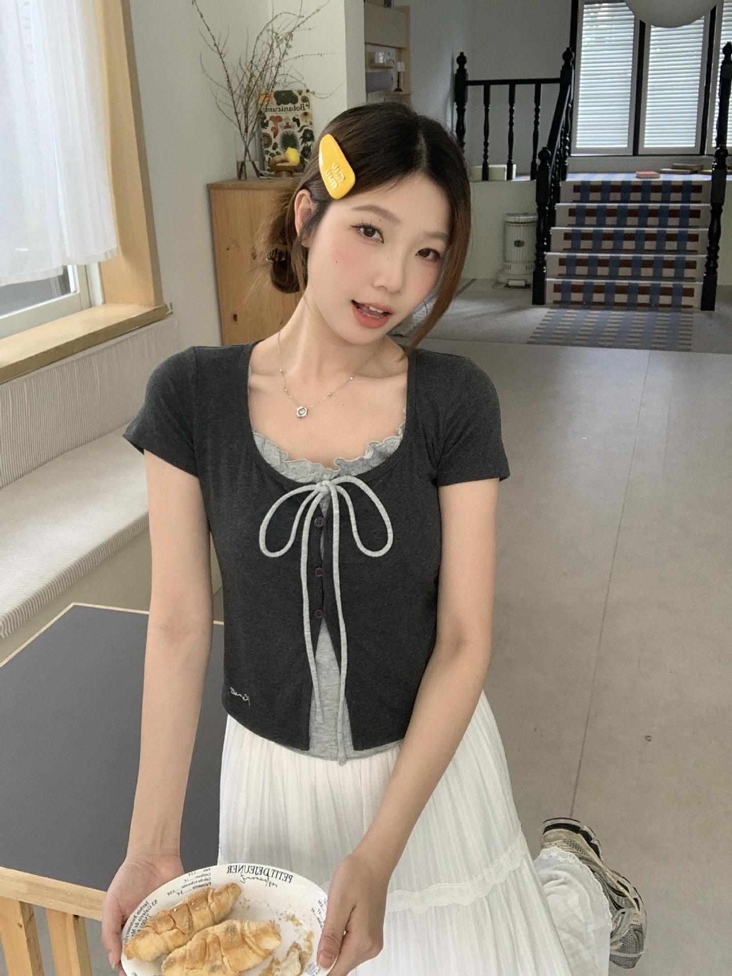 Plus Size Summer Sweet Lace Bowknot Two-Piece T-Shirt M