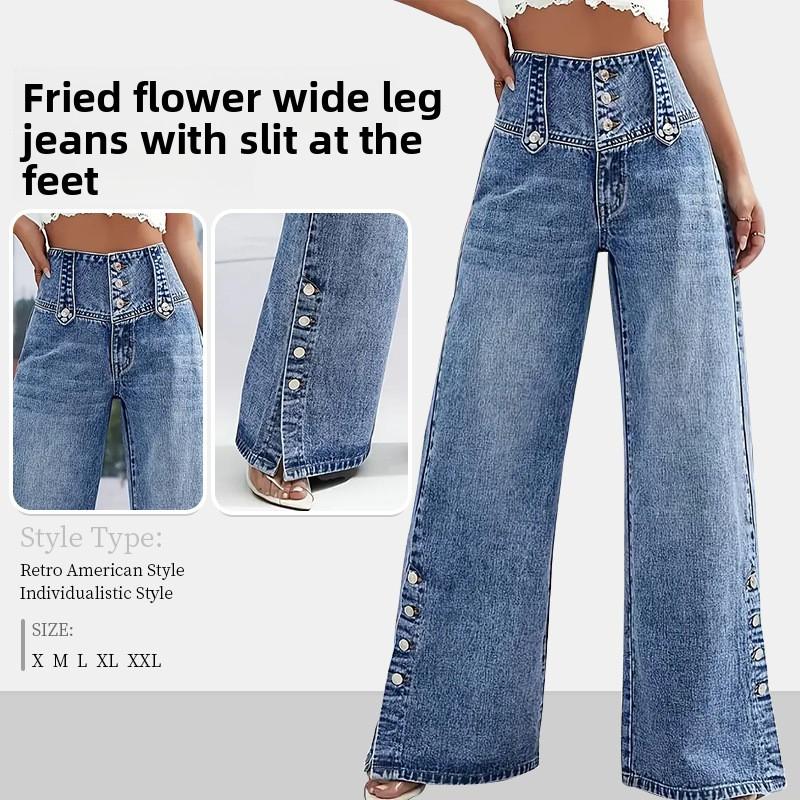 2026 Spring/Summer New Women's Denim Pants with Split Hem, High Waist, Vintage Buttoned Wide-Leg Jeans