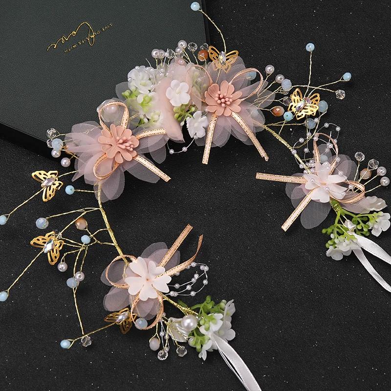 Lucky Green Flower Handmade Headband Elegant Pearl Braided Headband Bridal Wedding Party Dress Accessories  Princess Tiara
