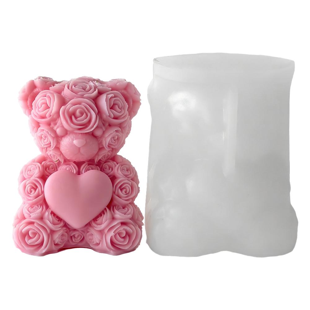 DIY Valentine's Day Rose Bear Silicone Mold Handmade Gift Scented Candle Gypsum Resin Mould Wedding Candle Making Molds