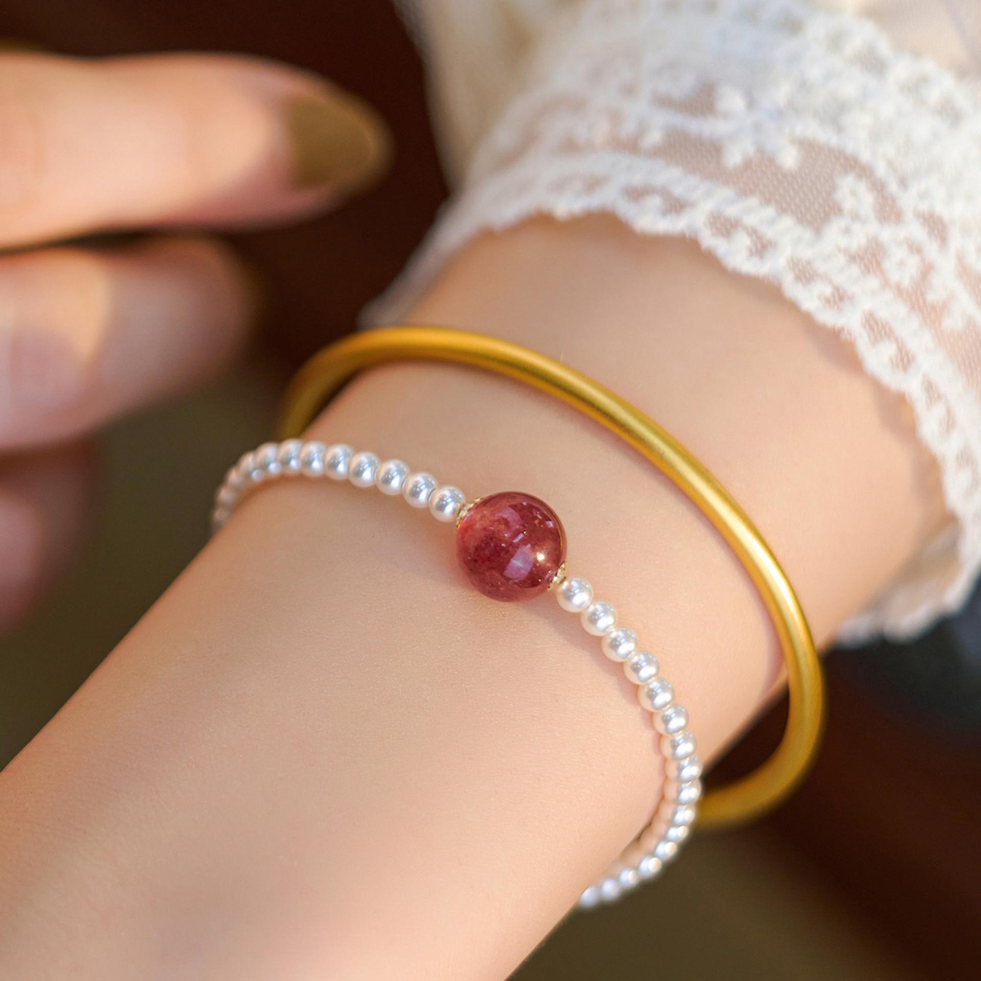 ins Wind Shijia Pearl Splicing Color Aquamarine Strawberry Crystal Green Ghost Crystal Bracelet