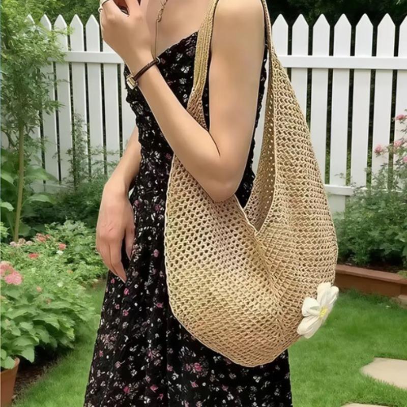 Lazy wind woven tote bag women's spring summer hollow simple knitted bag large capacity seaside vacation shoulder bag