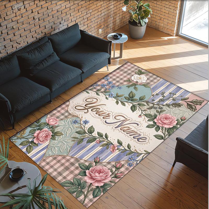 Floral Theme Crystal Velvet Rug Personalized Custom Name Text Soft Floor Mat Home Decor