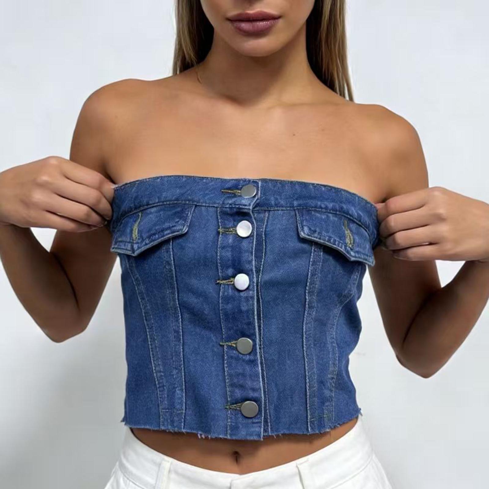 

Women s Short Slim And Sexy Denim Strapless Top XL